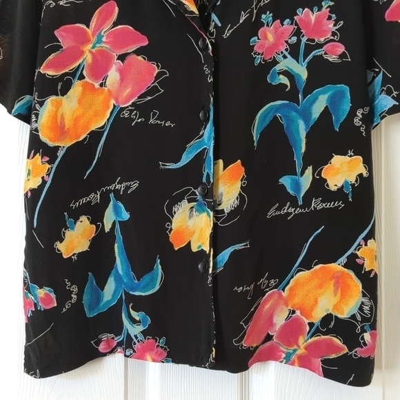 First Option 90's Vintage Colorful Floral Short Sleeve Button Down Top Black M - Picture 8 of 11